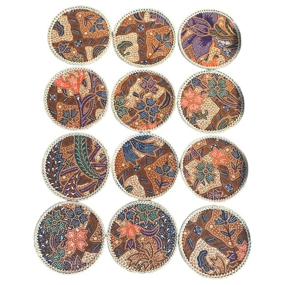 Vtg 1970s Set 12 COASTERS Boho / MCM Batik Fiber Coasters with Lidded Box 3.5" - Picture 2 of 16